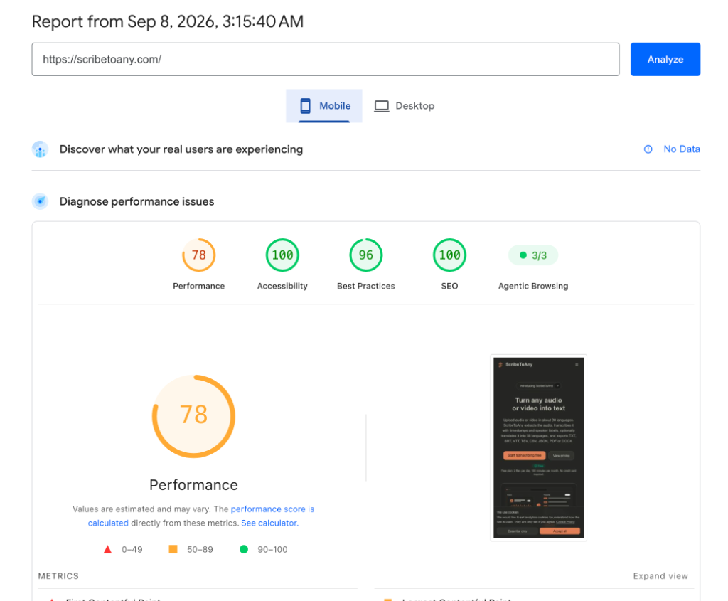 Google PageSpeed Insights Mobile Report for ScribeToAny