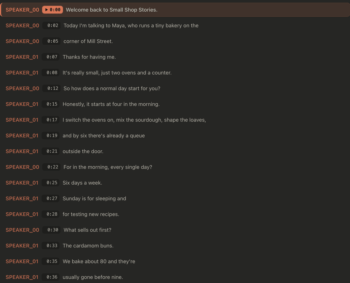 ScribeToAny transcript editor showing the interview as segments, each with a SPEAKER_00 or SPEAKER_01 label and a timestamp; the 0:22 line reads "For in the morning"